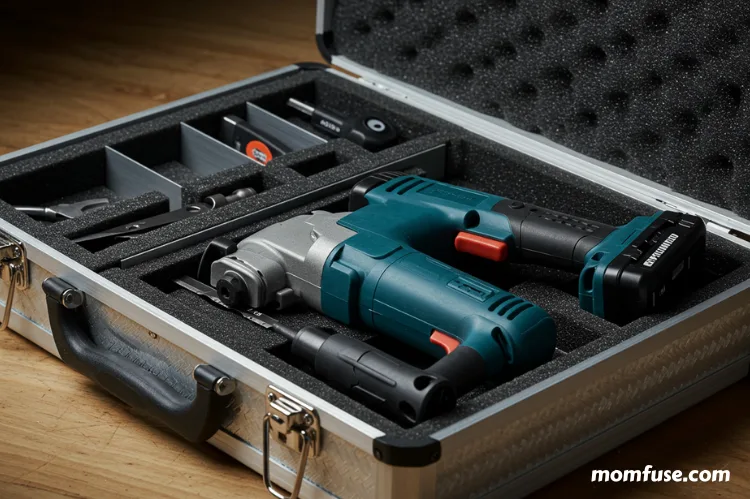An oscillating tool neatly stored in a compact toolbox.