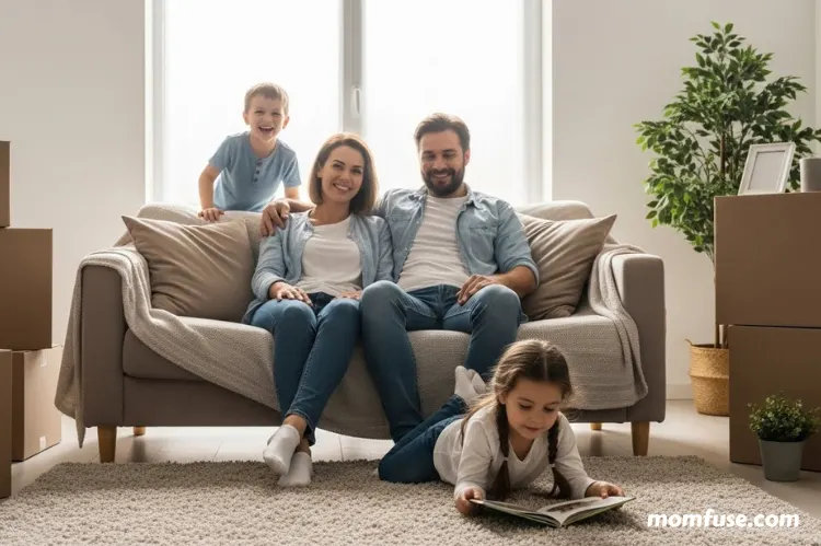 Happy family relaxed in their new home after moving.