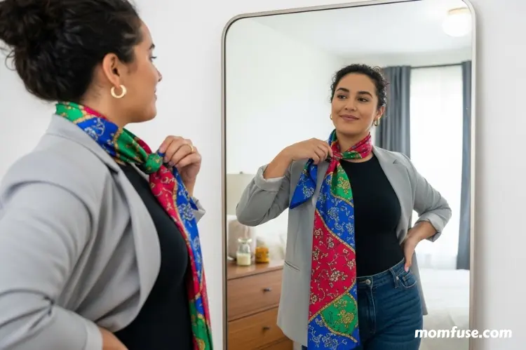 A person adding a personal accessory like a colorful scarf or statement jewelry to their outfit.