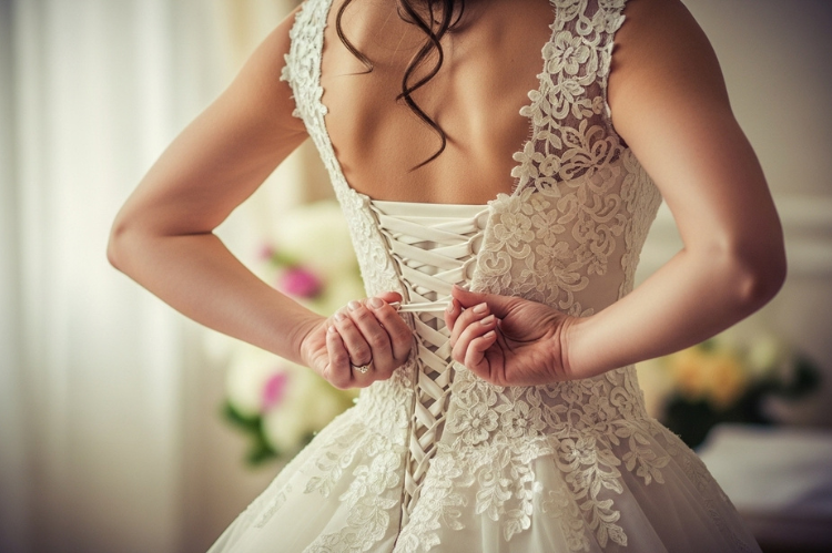A back view of a bride tightening the corset laces of her bridal gown, delicate lace details visible.