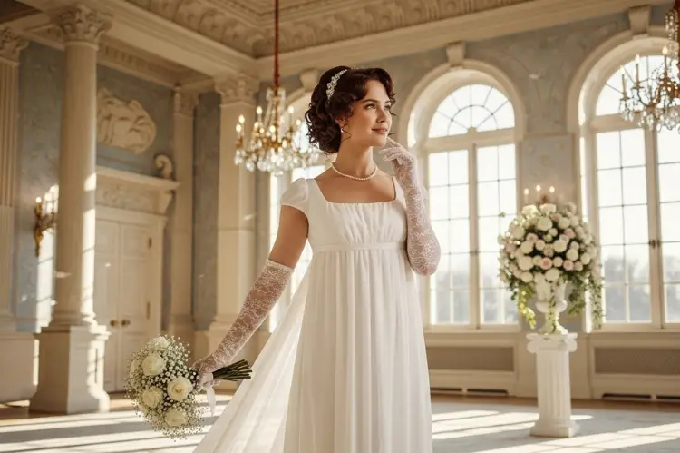A bride in a Regency-inspired empire waist wedding dress, soft flowing fabric beginning below the bust.