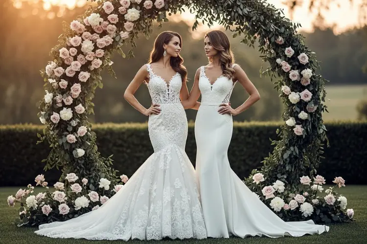 A glamorous bride wearing a mermaid wedding dress with a fitted bodice that flares below the knees.
