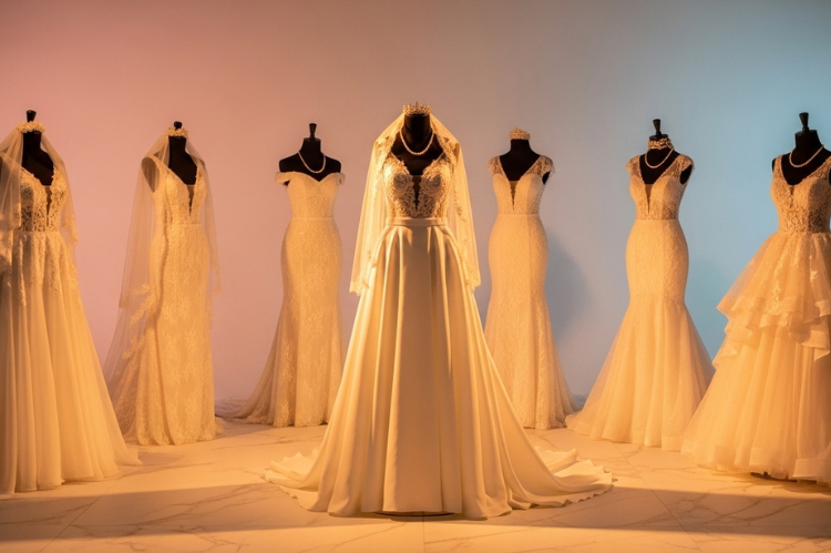 A luxurious bridal boutique display with multiple elegant wedding dresses on mannequins.