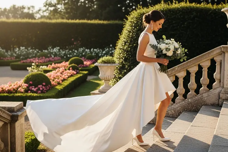 A modern bride in a high-low wedding dress with a short front hem and dramatic long train at the back.