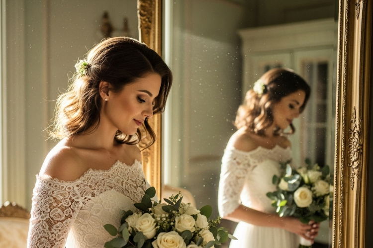 A stylish bride wearing an elegant off-the-shoulder wedding dress that highlights collarbones.