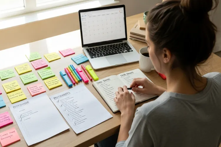 Person managing tasks with sticky notes and checklists on a desk.