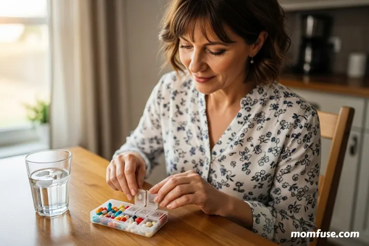 A mother looking at a pill organizer on a table, a cup of water beside it.
