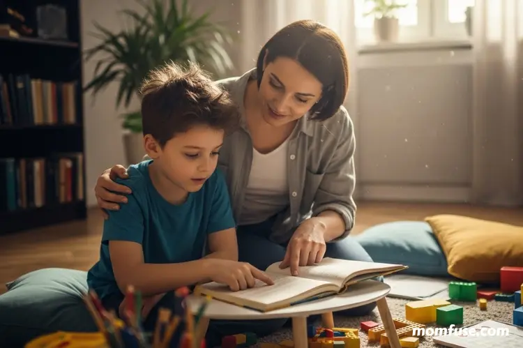 A warm, uplifting scene of a mother gently supporting her child with ADHD.