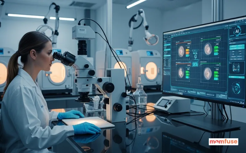 High-tech IVF laboratory with embryologist using microscope and AI embryo selection software on monitor.