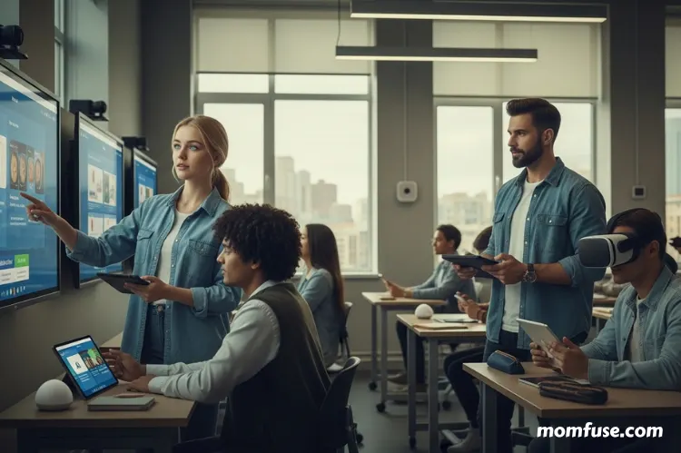 Modern digital classroom with diverse students learning through AI tools.