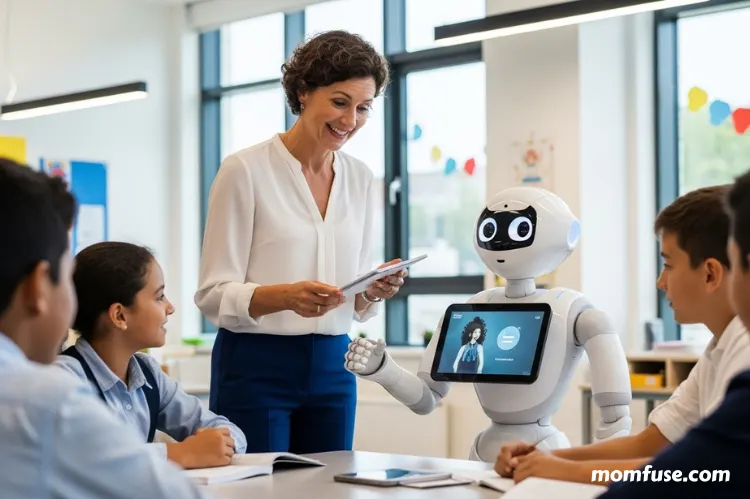 Teacher in modern classroom smiling while AI assistant robot helps.