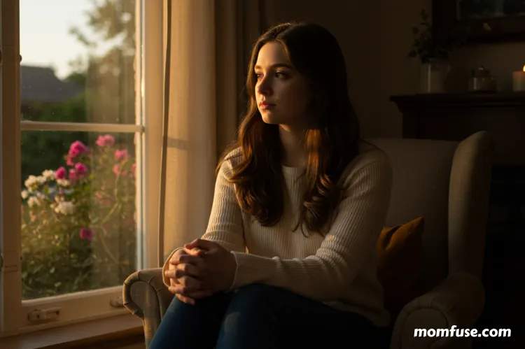 A thoughtful young woman sitting in a quiet, softly lit room.