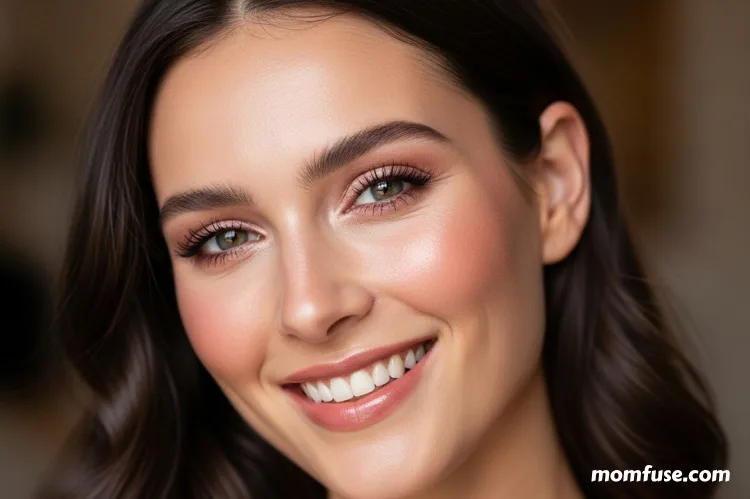 A confident woman smiling with natural makeup, radiant skin, and minimal beauty look.