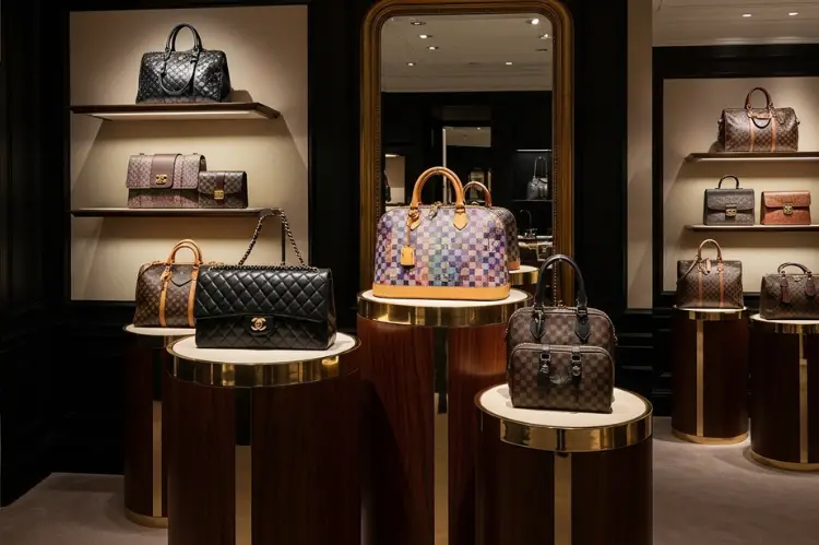 A display of vintage and limited-edition luxury handbags inside a softly lit boutique.