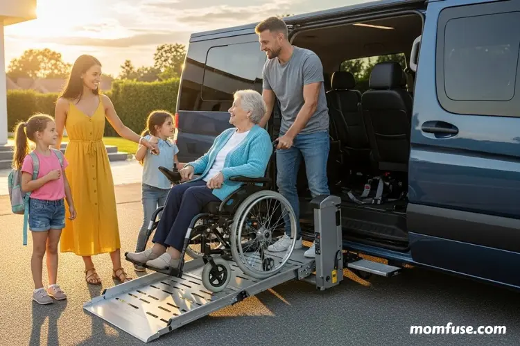 A spacious accessible vehicle with a wheelchair ramp extended, family assisting a member with mobility needs.