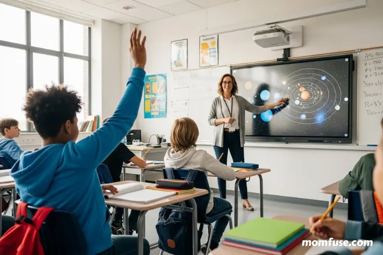 A classroom scene with a student raising their hand confidently, teacher explaining on board.