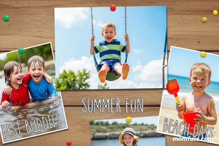 Child’s photos with short text captions like ‘Summer Fun’, ‘Best Buddies.
