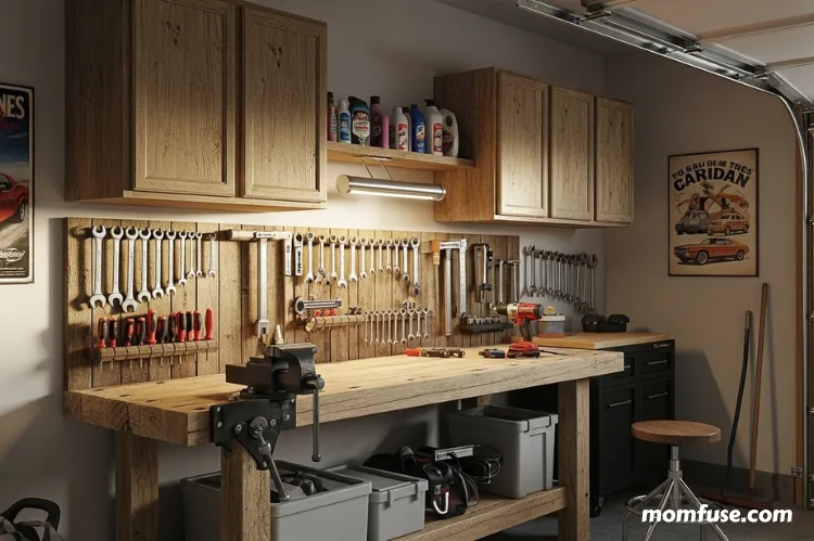 A cozy garage with a solid wooden workbench.
