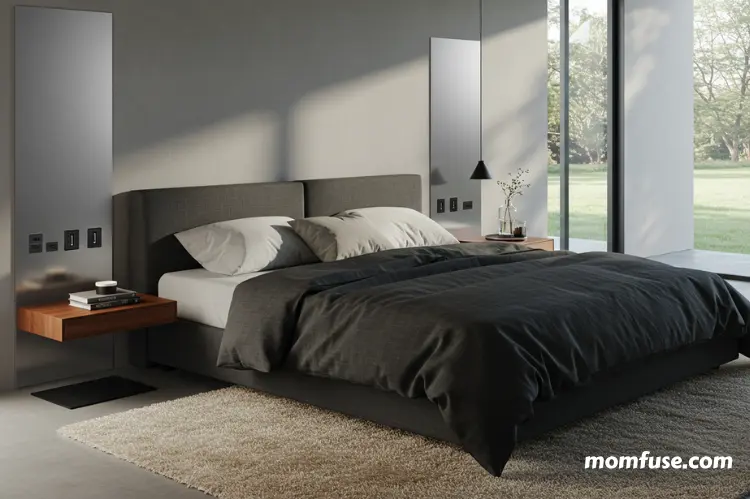 Modern bedroom interior with wall-mounted USB-C and USB charging ports on both sides of the bed.