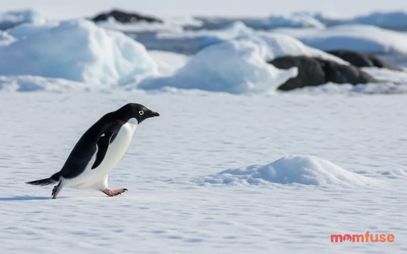 Small adelie penguin walking on ice, playful posture, snowy landscape, bright daylight, sharp realistic details