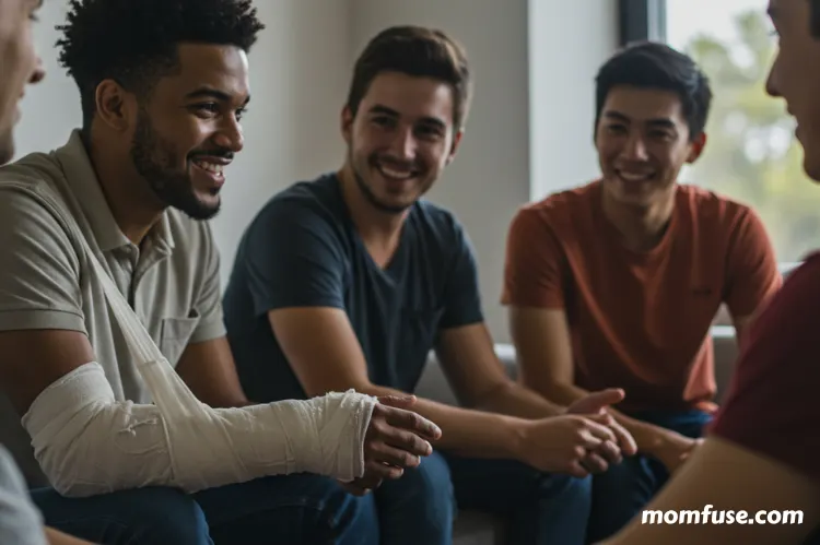 A group of friends sitting together, one person with a cast on their arm.