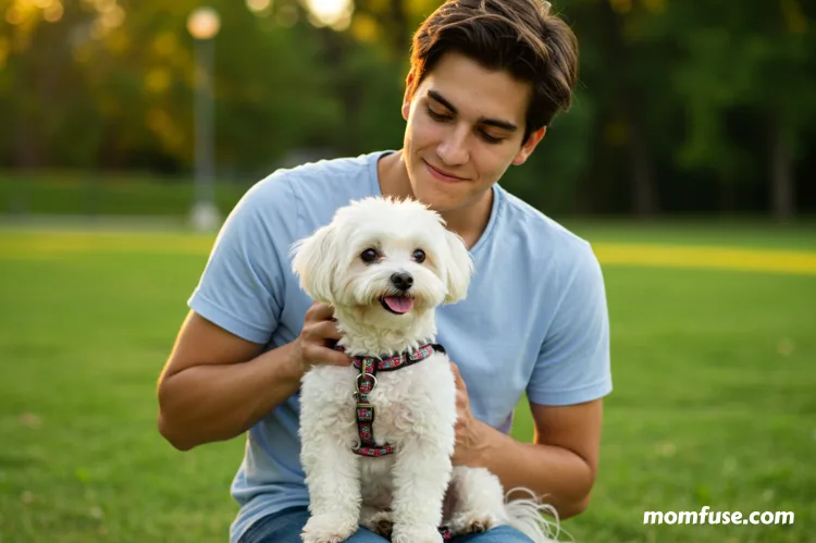 A Bichon Frise sitting lovingly on its owner’s.