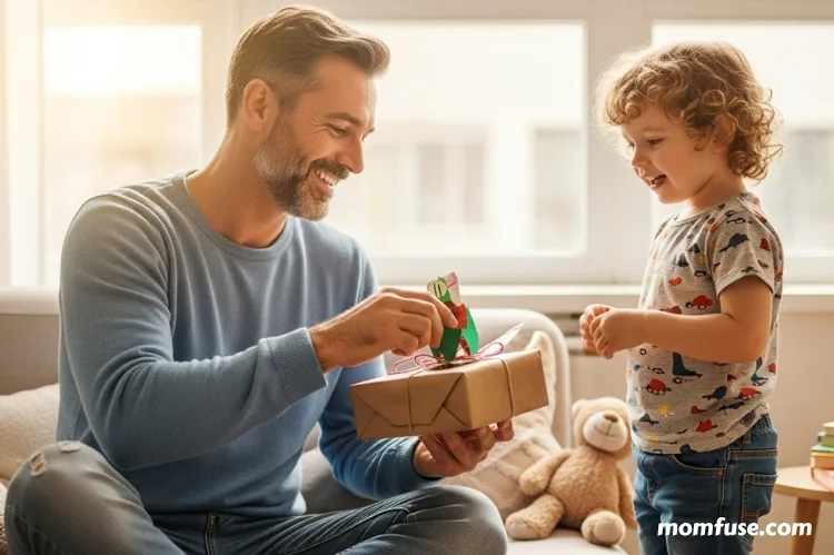 cozy scene of a smiling father opening a handmade gift with a child nearby.
