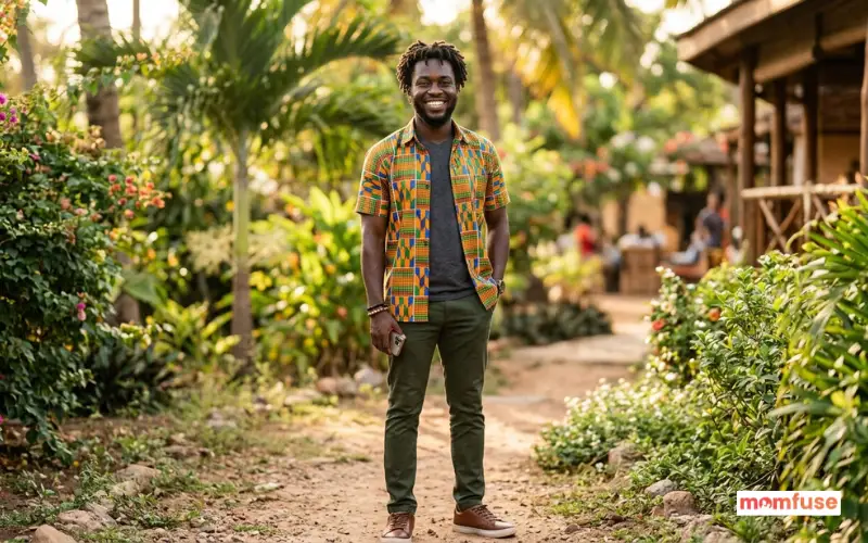 oung african man with confident smile, natural outdoor background.