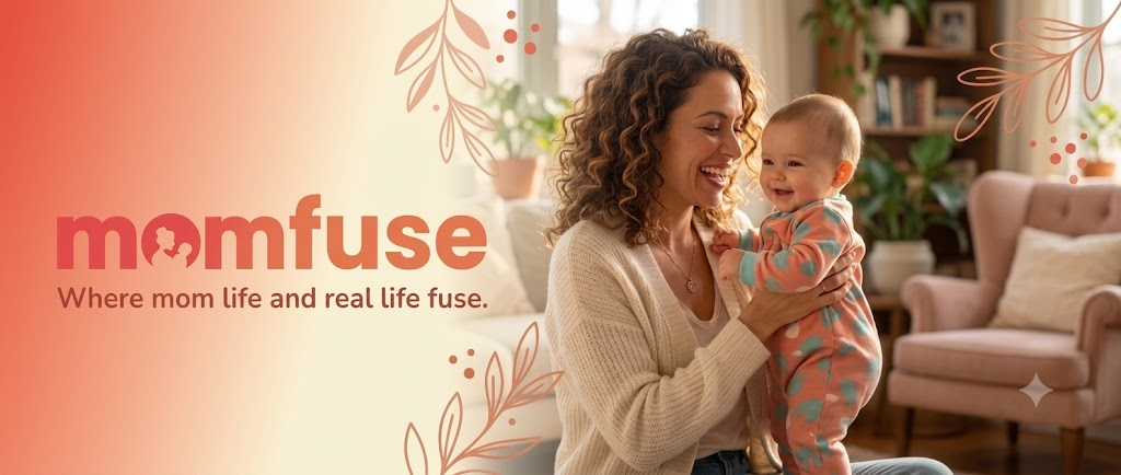 Momfuse banner featuring a mother playing with her baby in a cozy home setting