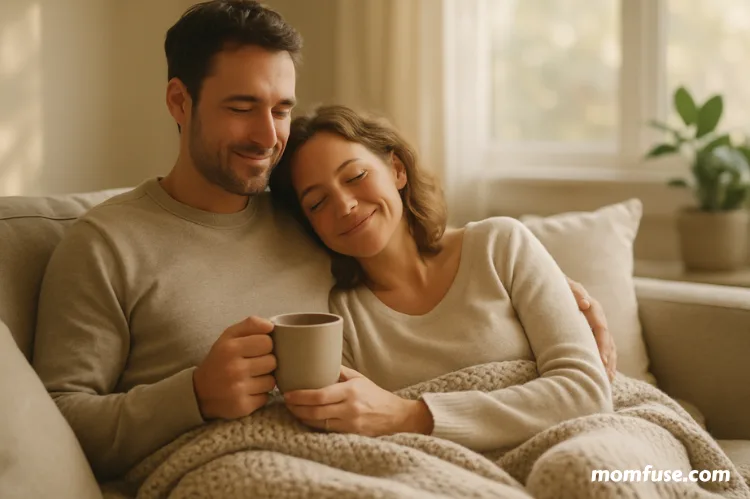 Cozy couple snuggles on a couch.