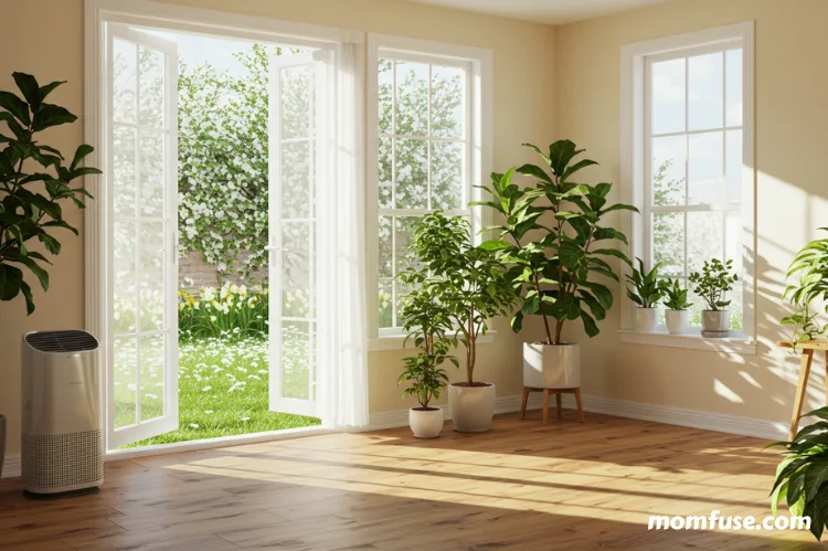 A well-ventilated room with an air purifier, open door, and houseplants
