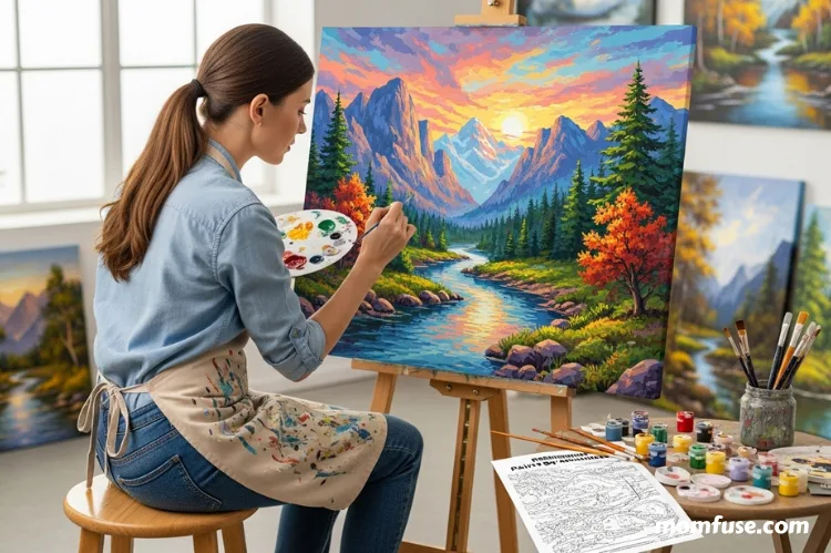 Artist painting a large 24x32 inch canvas of a colorful nature scene using paint by numbers kit.