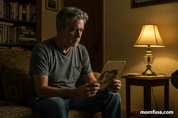 A man sitting alone on the in an room holding an old photo.