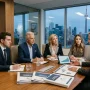 Wealthy Canadian family meeting financial planner in modern office, retirement and legacy planning discussion.