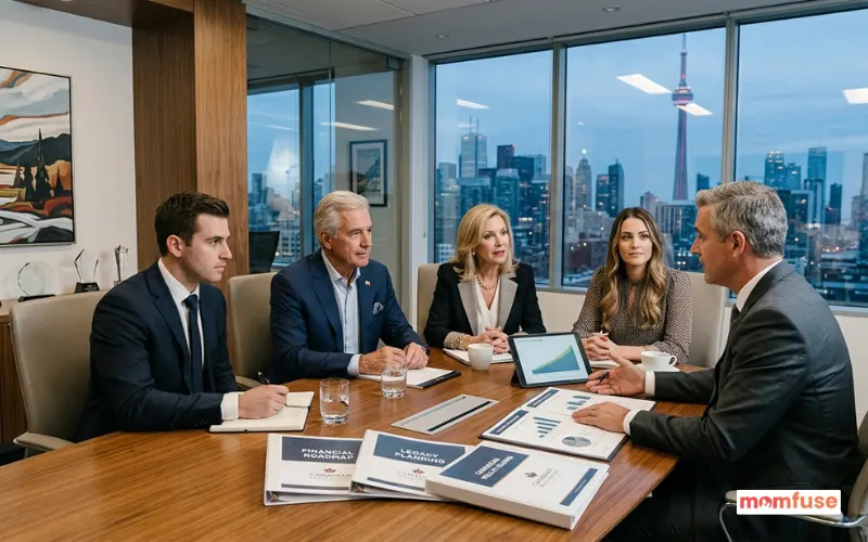 Wealthy Canadian family meeting financial planner in modern office, retirement and legacy planning discussion.