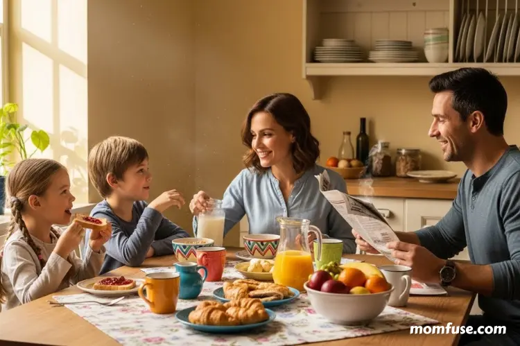A family gathered at the breakfast table for a short morning ritual, parents and children.