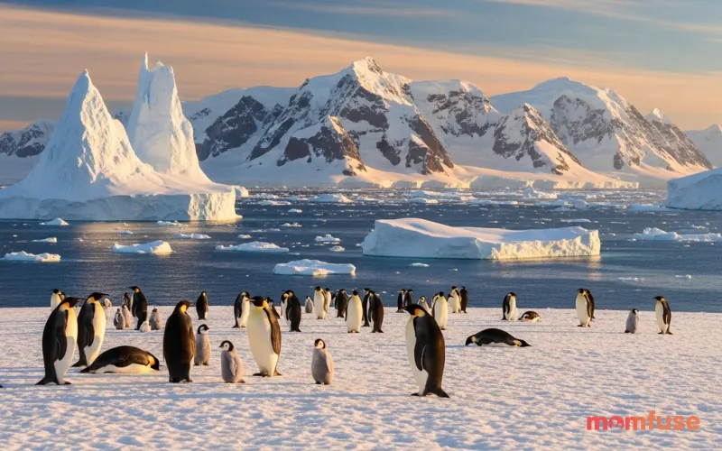Wide Antarctic landscape with penguins, icy mountains, snowstorm atmosphere, cold tones, cinematic realism