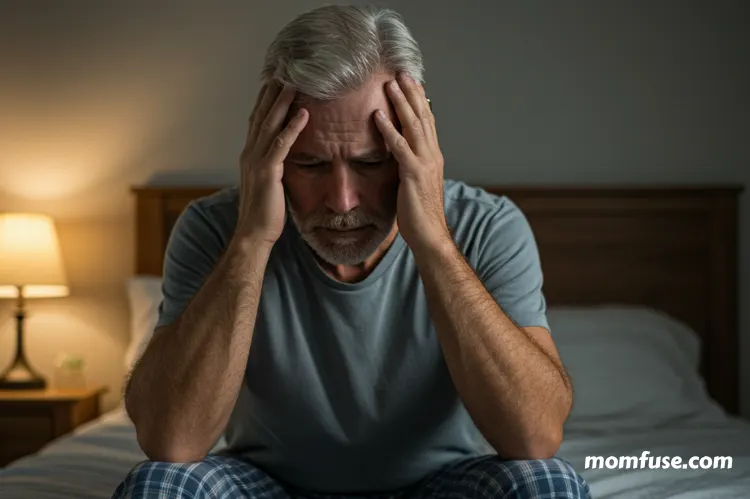 A man with hearing aids sitting on his bed, holding his head in his hands.