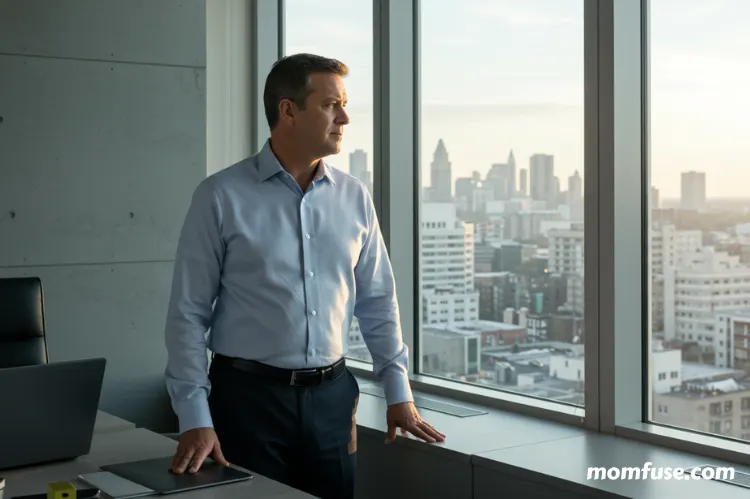 An office scene showing a man to look out a window.