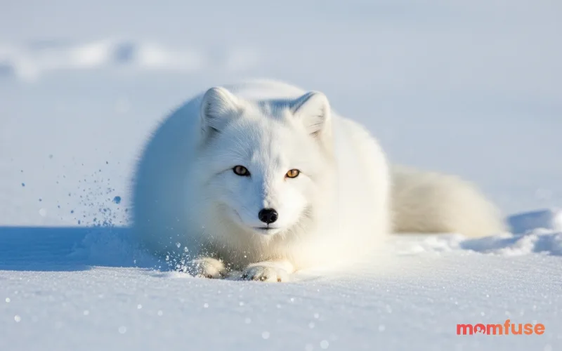 “arctic fox in snowy landscape, white fur blending with snow, cold blue tones, natural light, ultra realistic”