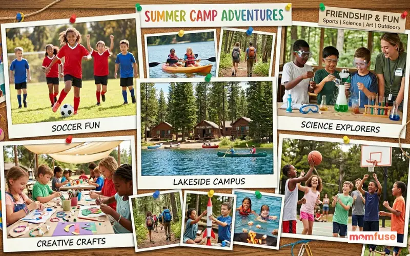 summer camp collage showing sports camp, science activities, arts and crafts, lakeside cabins, diverse children.