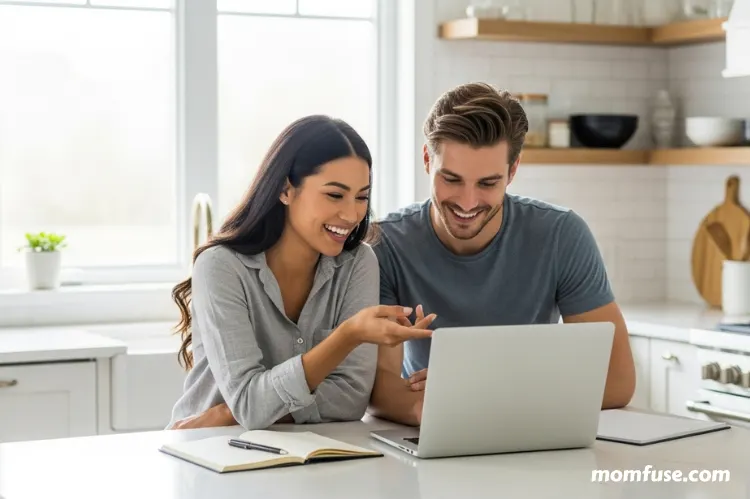 A smiling couple using a laptop while budgeting for a wedding.