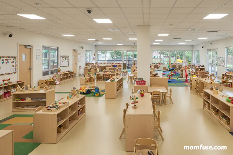 Large daycare facility with multiple classrooms and outdoor areas, wired security cameras installed.