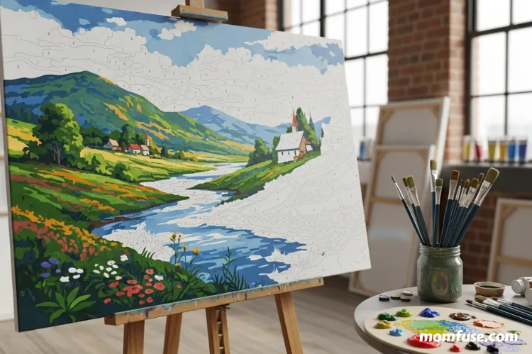 Large Artist’s Loft paint by number canvas on easel with numbered sections visible.