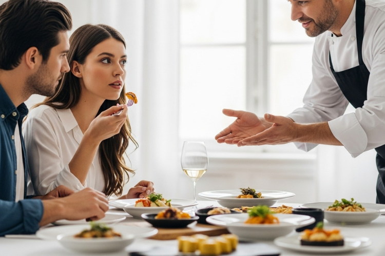 A catering tasting session with a professional chef presenting beautifully plated dishes. Multiple cuisines displayed.
