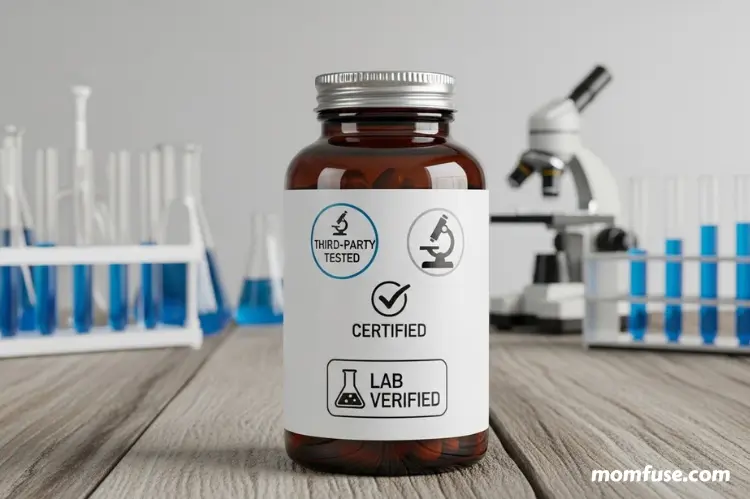 A supplement bottle with quality badges such as “third-party tested,” “certified,” and “lab verified.”