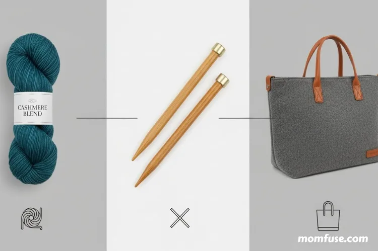 Modern comparison-style visual showing icons for luxury yarn, needle set, project bag.