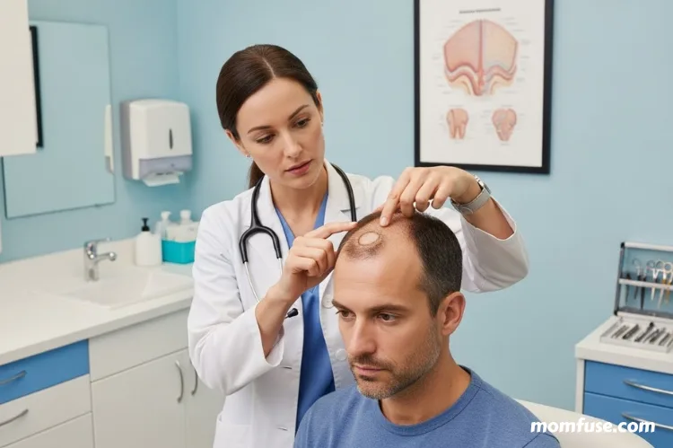 A female doctor checking her patients hair, who is having a hair lose