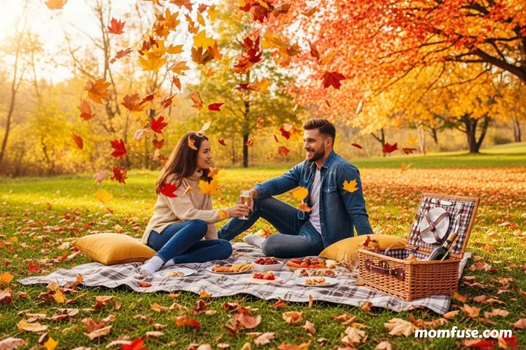 An autumn picnic scene with colorful falling leaves. -picnic planning tips