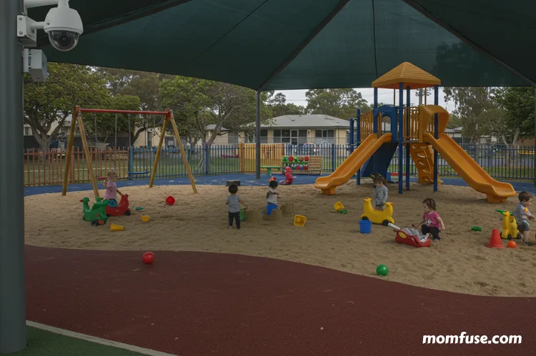 Daycare playground with children playing, security camera detecting unusual movement.